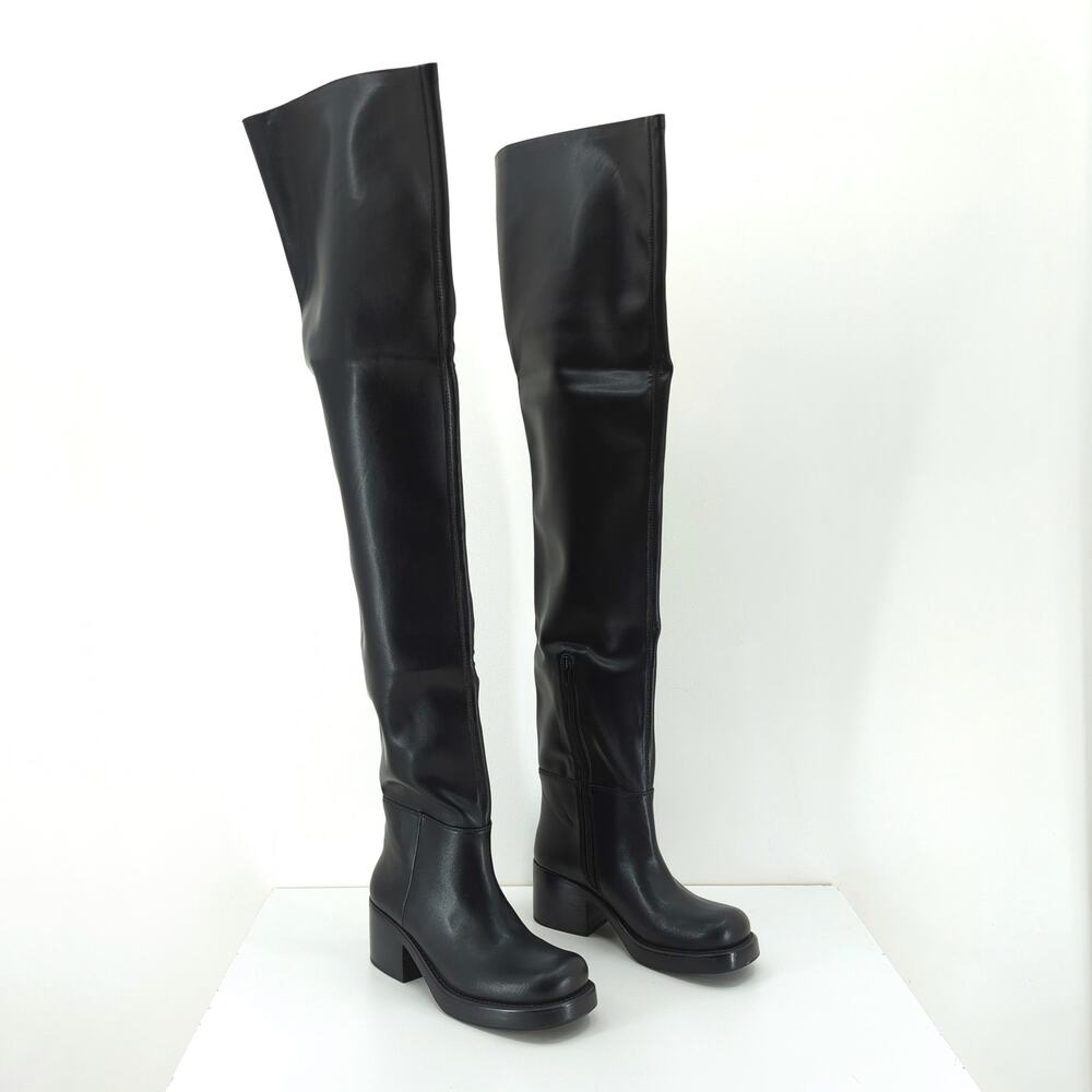 Jeffrey Campbell Women 6 Reflect OK Boots Black Thigh High Faux Leather NEW